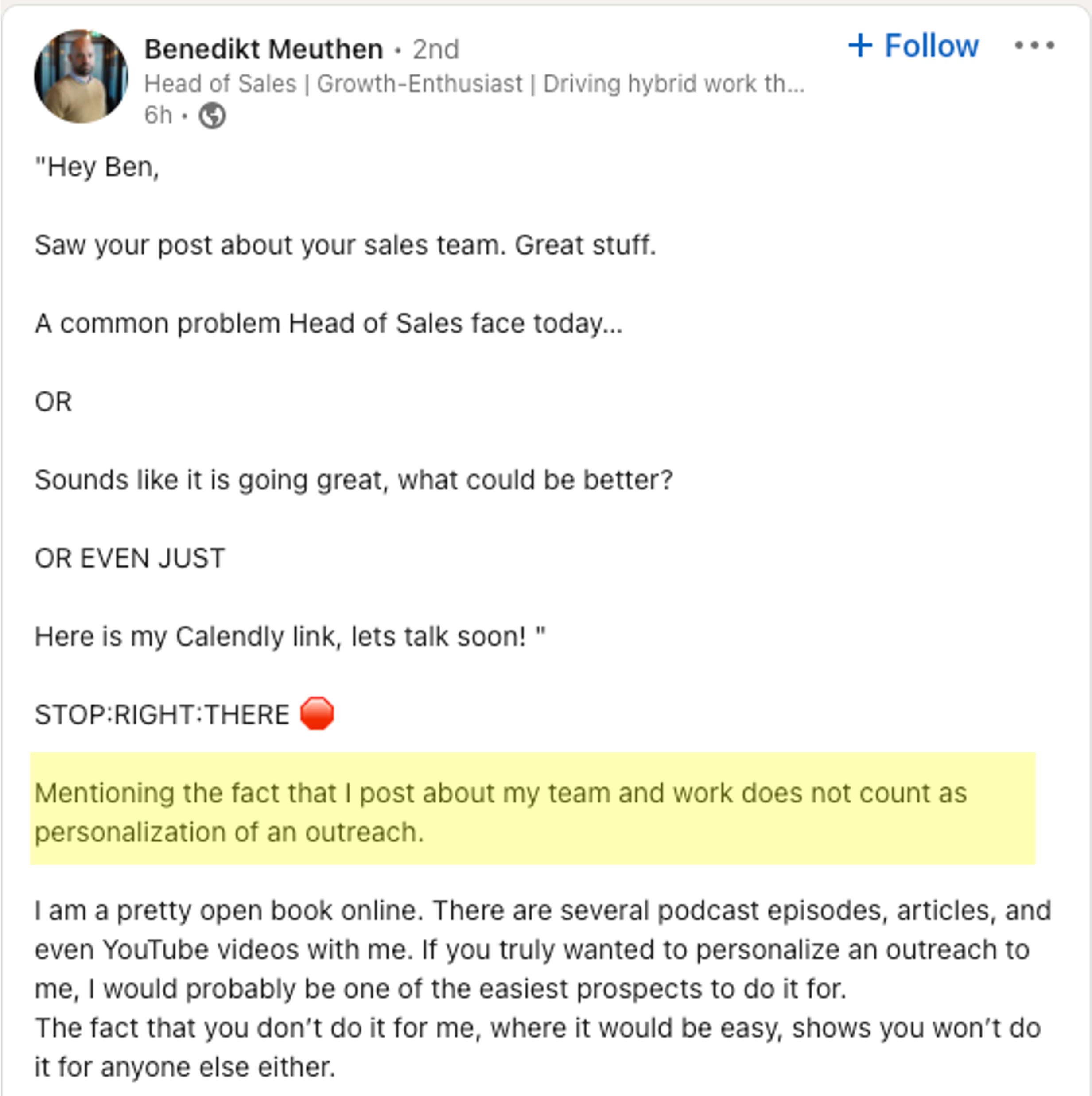 mentioning the obvious is not personalization